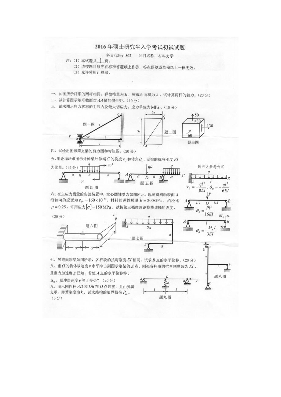 2016年燕山大学考研专业课试题802材料力学.docx_第1页