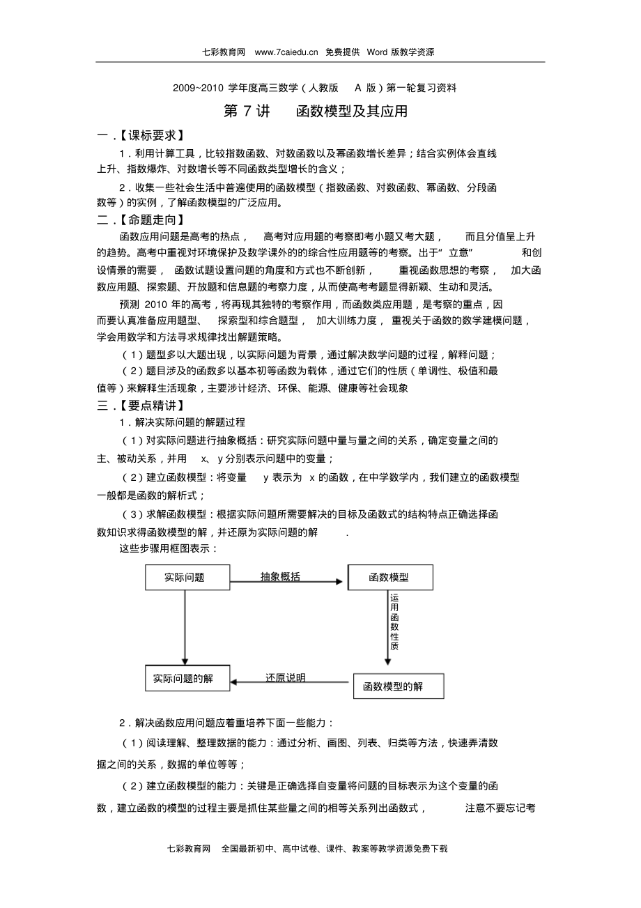 2010届高三数学一轮复习必备精品：函数模型应用(精).pdf_第1页