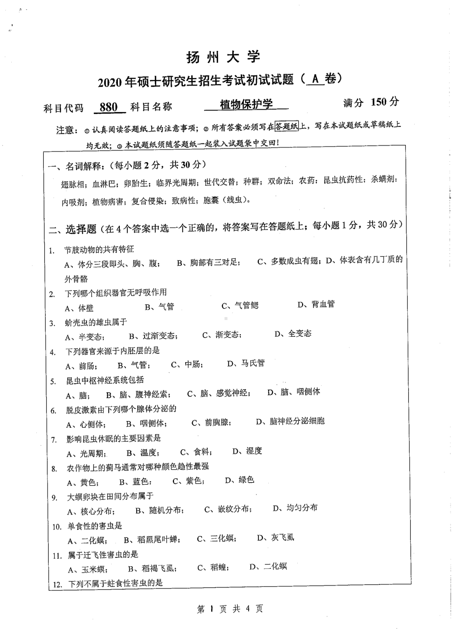 2020年扬州大学硕士考研专业课真题880.pdf_第1页