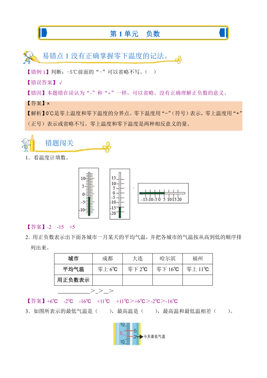 人教版错题闯关 数学六年级下第一单元 负数附答案.pptx_第1页