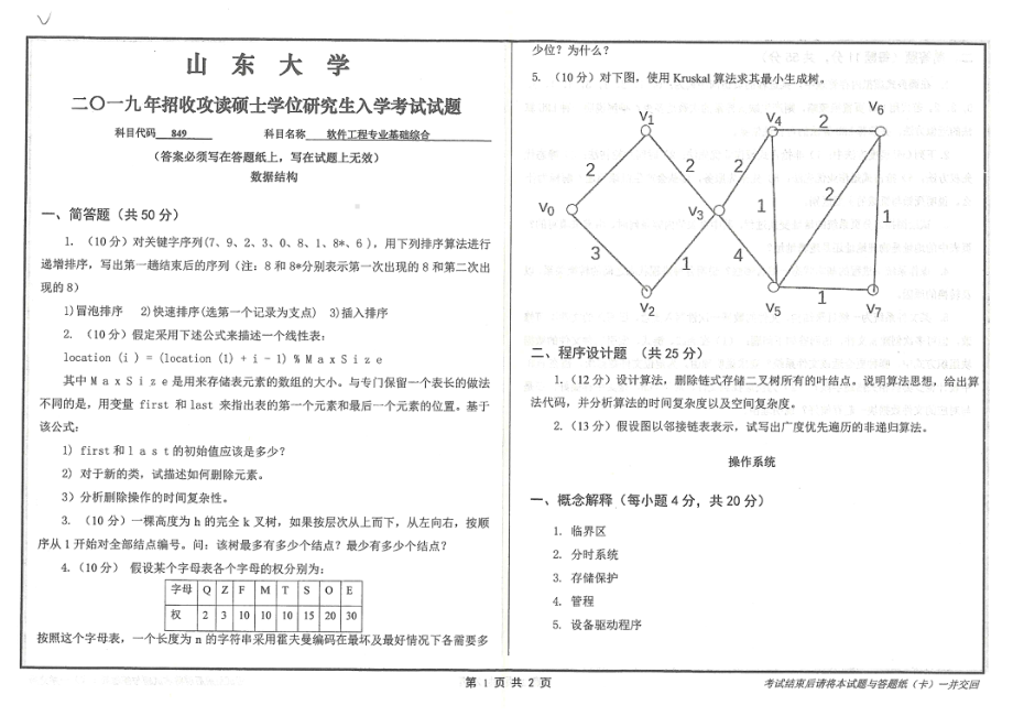 山东大学考研专业课试题849软件工程专业基础综合2019.pdf_第1页