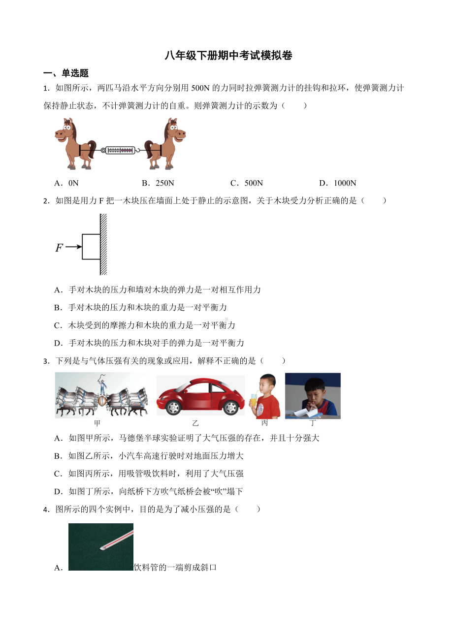 鲁教版物理八年级下册期中考试模拟卷.docx_第1页