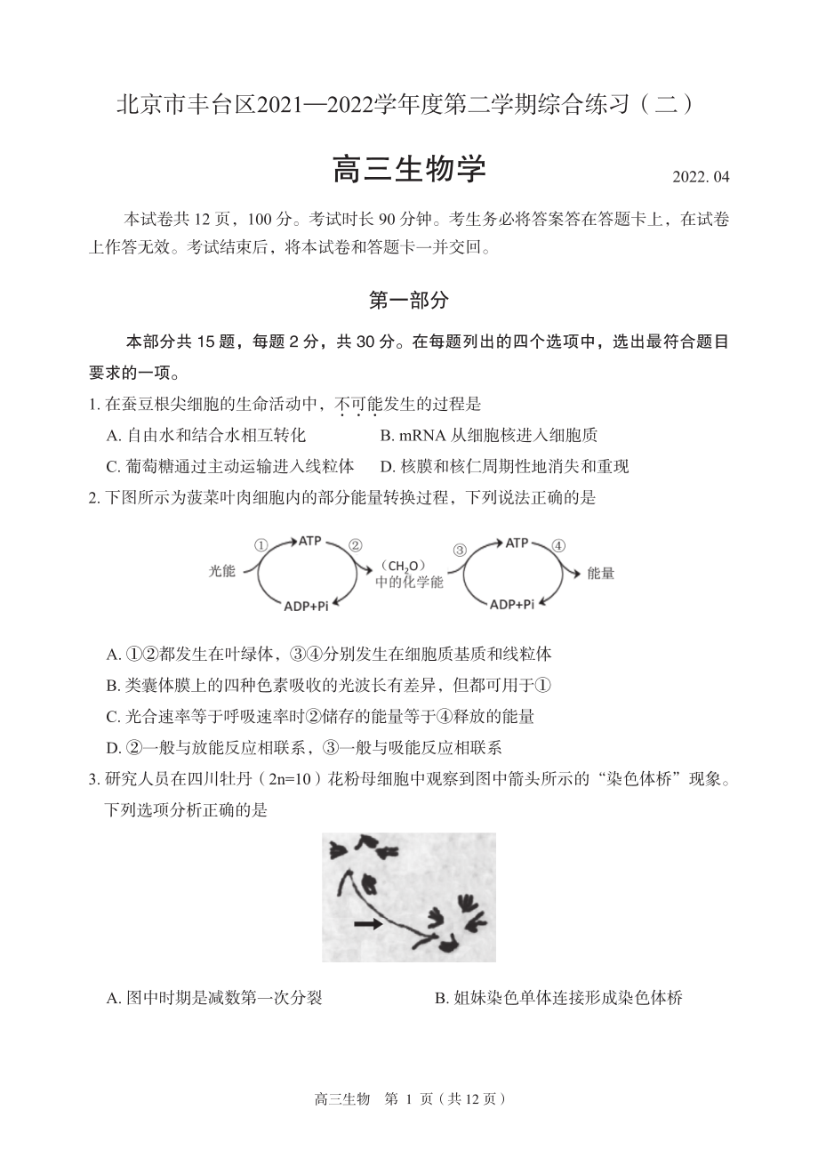 北京市丰台区2022届高三生物二模试卷及答案.pdf_第1页