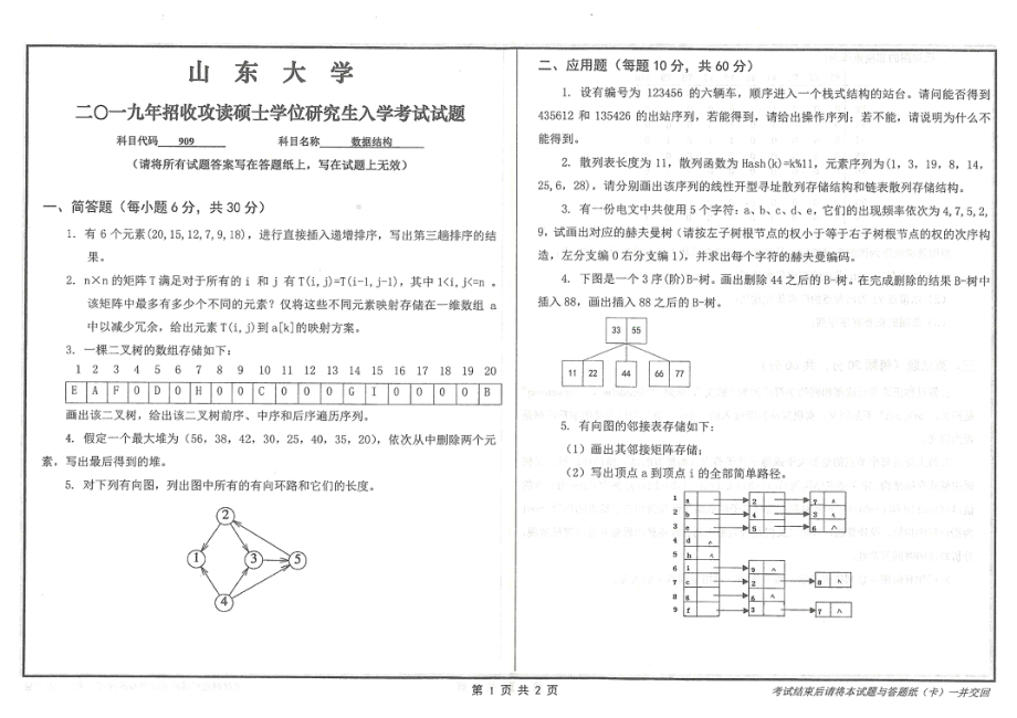 山东大学考研专业课试题909数据结构2019.pdf_第1页