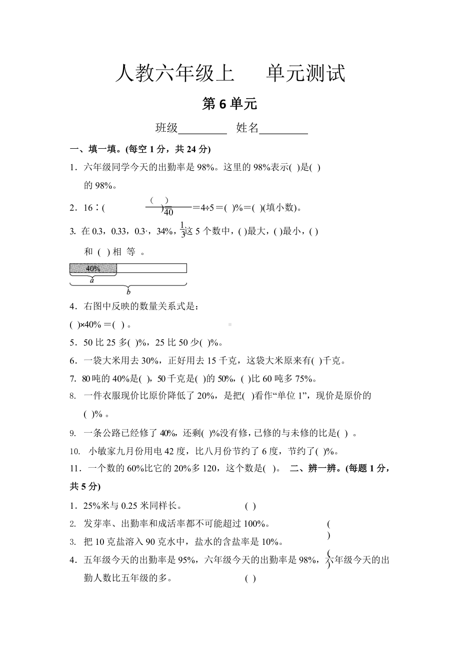 人教版六年级上册数学第六单元复习《单元测试》01附答案.pptx_第1页