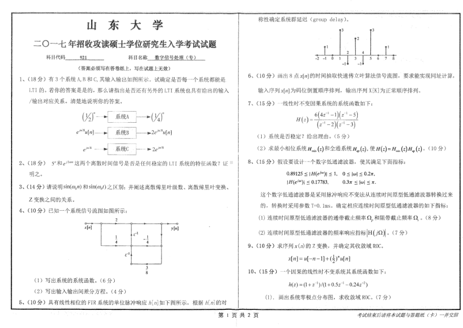 山东大学考研专业课试题数字信号处理（专）2017.pdf_第1页