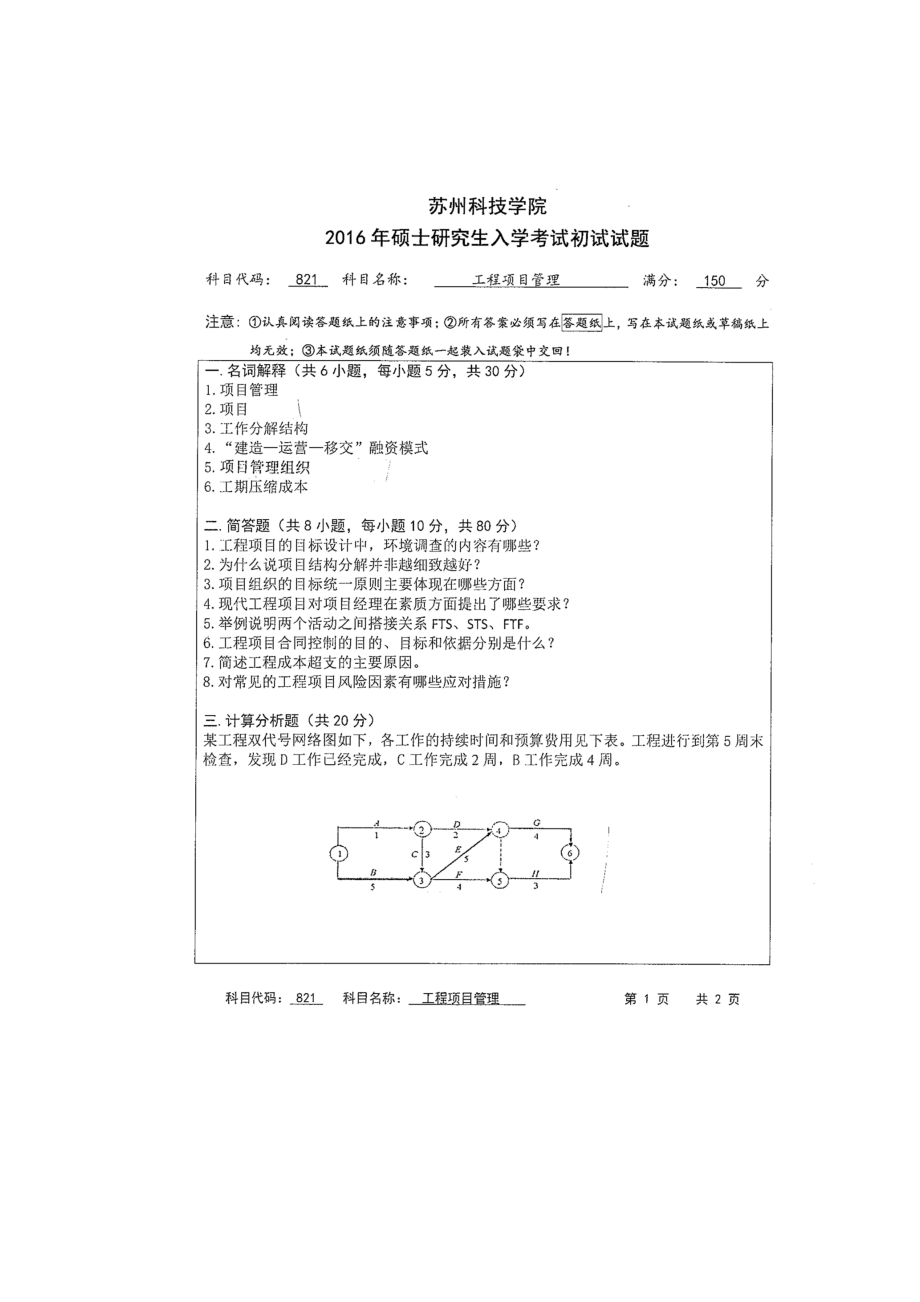 2016年苏州科技大学考研专业课试题821工程项目管理.doc_第1页