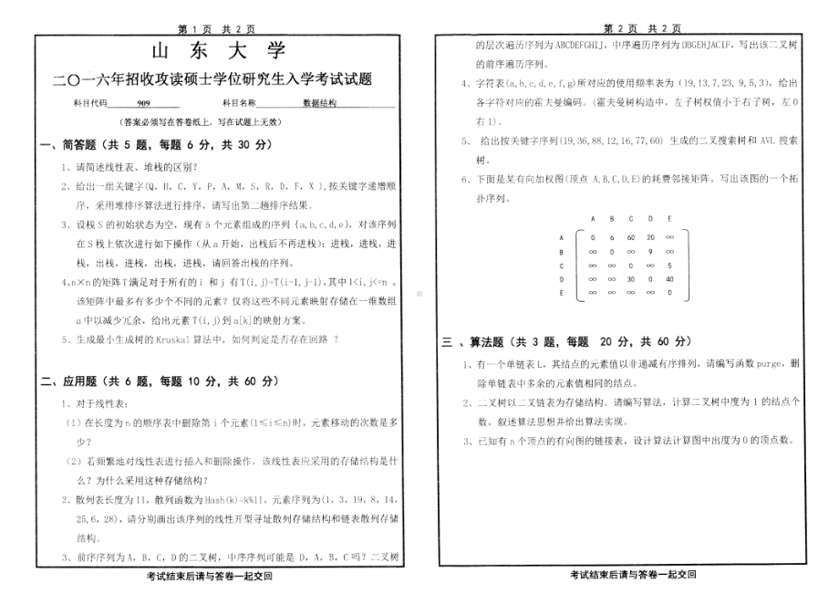 山东大学考研专业课试题数据结构2016.pdf_第1页