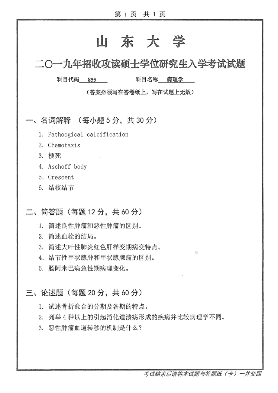 山东大学考研专业课试题855病理学2019.pdf_第1页