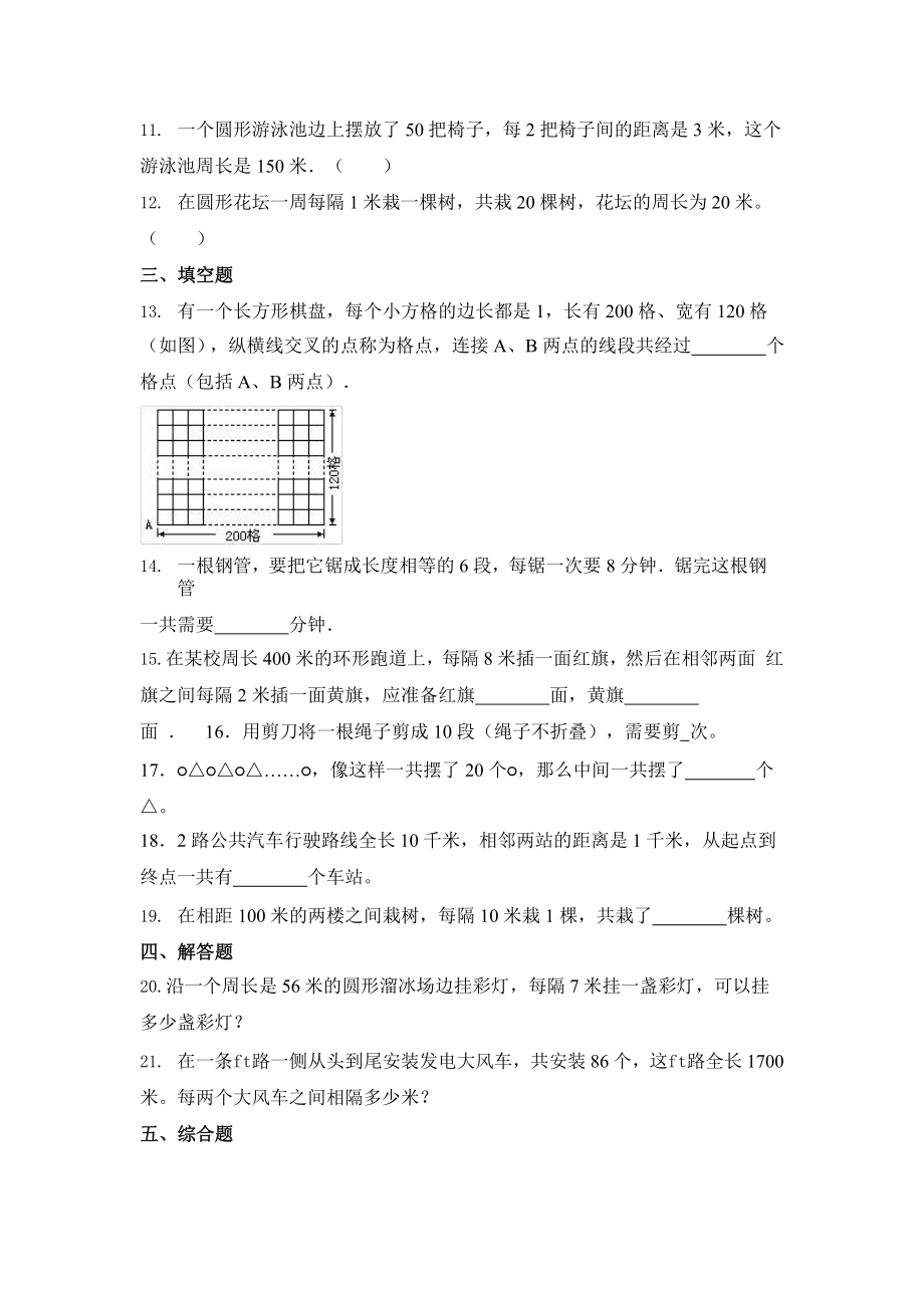 人教版五年级上册数学随堂测试第七单元《数学广角-植树问题》附答案.pptx_第2页