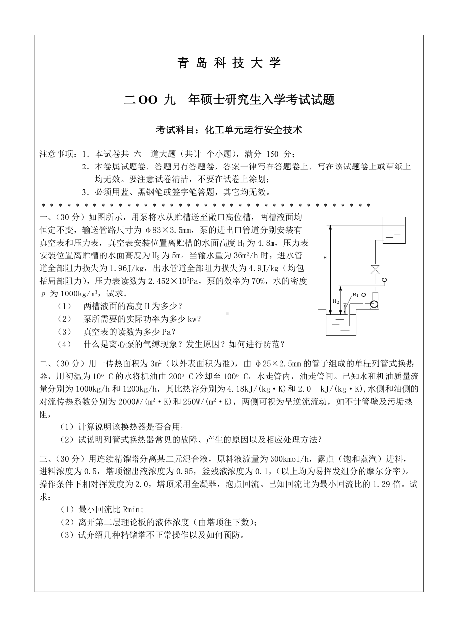 青岛科技大学考研专业课试题2009化学单元运行安全技术.doc_第1页