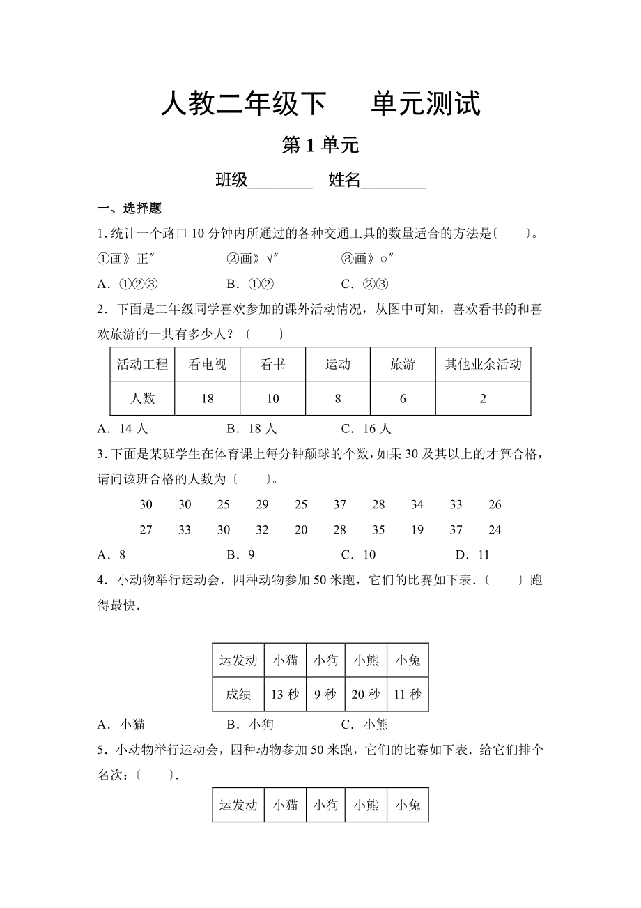 二年级下册数学第一单元复习《单元测试》01及答案.pdf_第1页