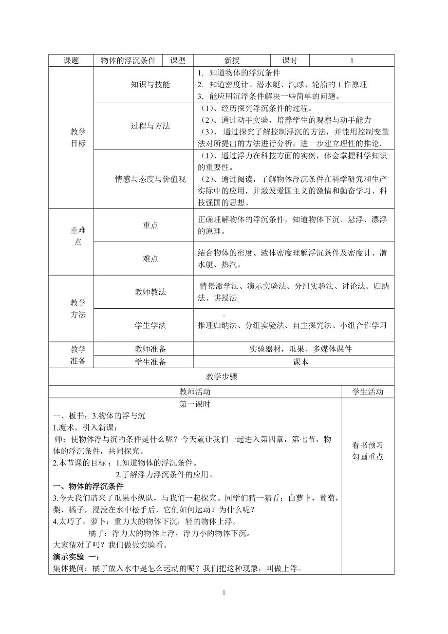 物体的浮沉条件 公开课教案_第1页