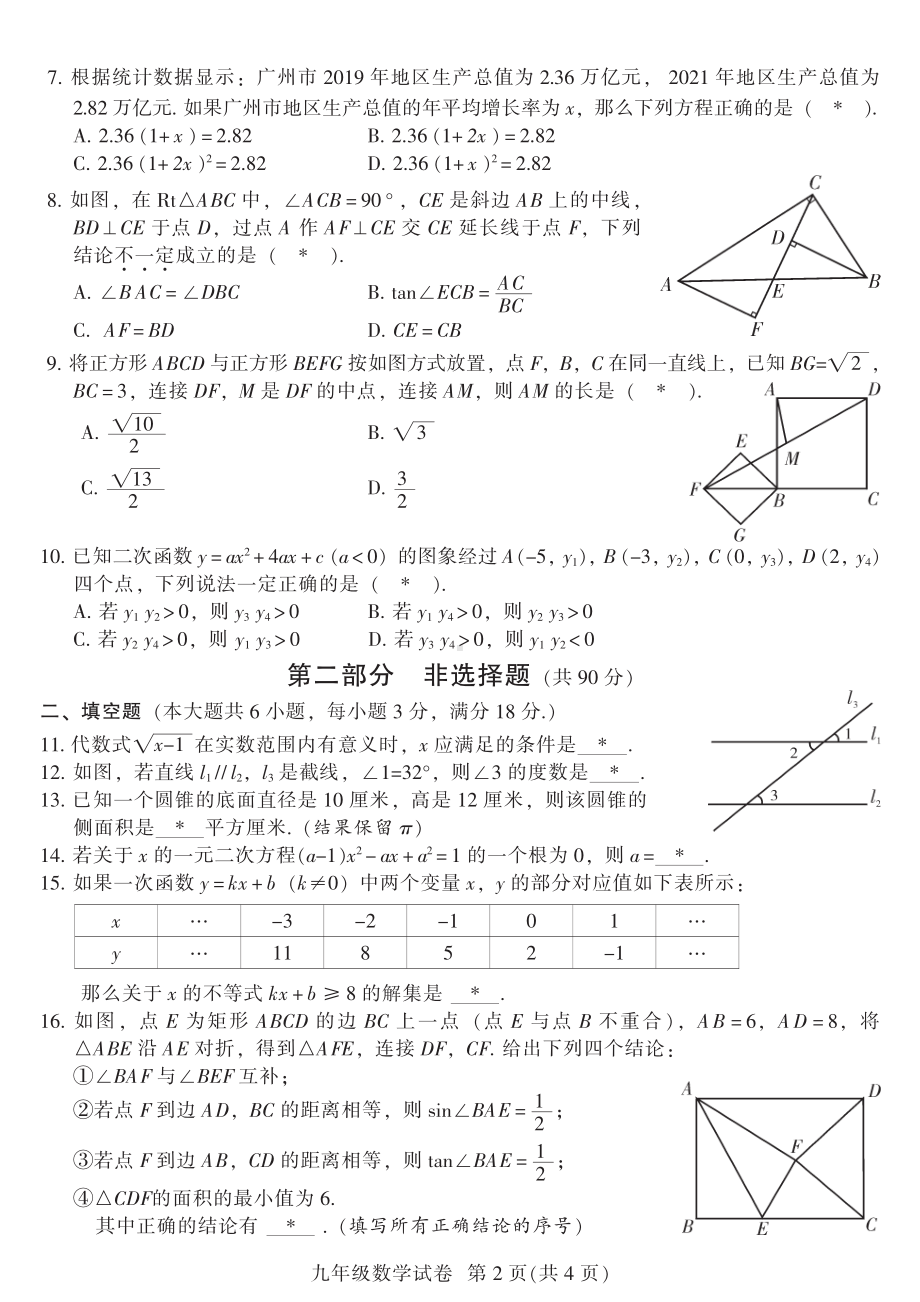 广州市越秀区2022届初三数学一模试卷及答案.pdf_第2页