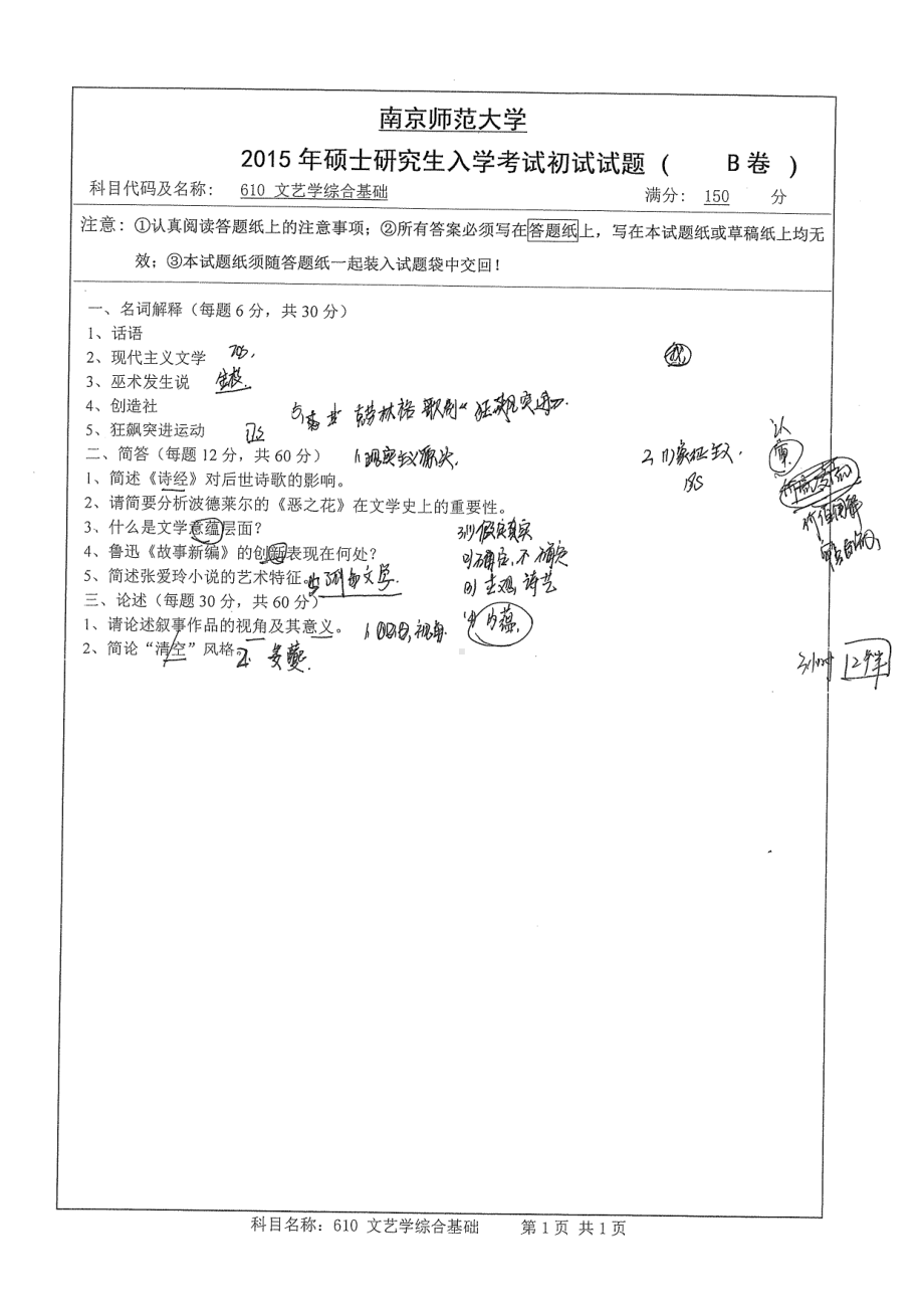 南京师范大学考研专业课试题610文艺综合基础 2015.pdf_第1页