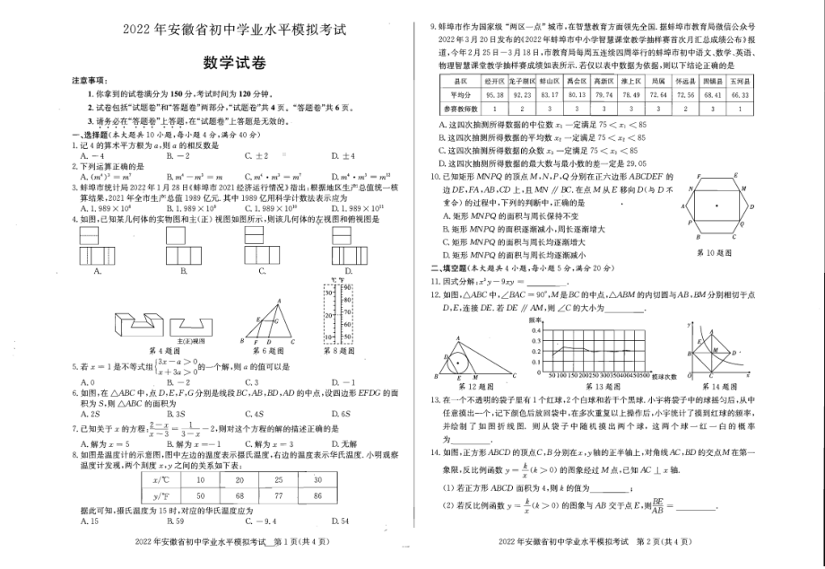 2022年安徽省初中学业水平数学模拟考试（二模）.pdf_第1页