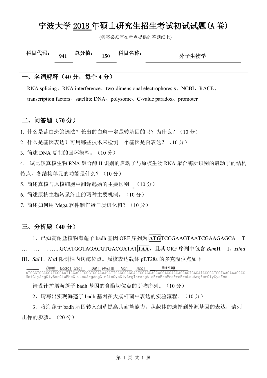 2018年宁波大学考研专业课试题941分子生物学 .doc_第1页