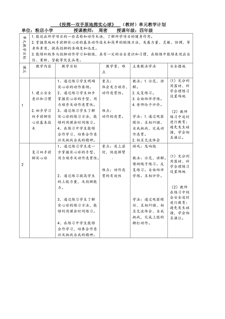 水平2《投掷—双手原地前掷实心球》单元教学计划和教案.doc_第3页