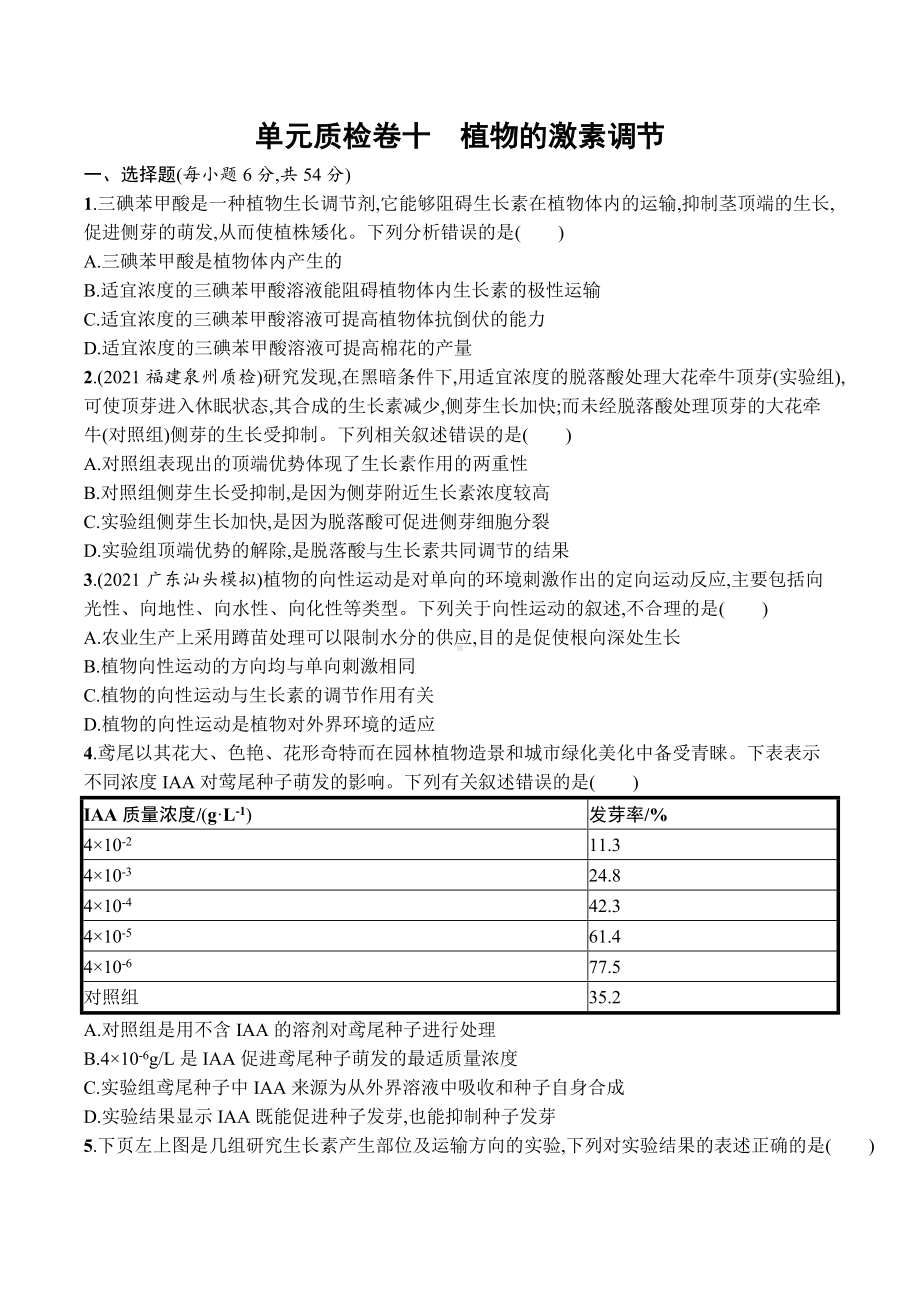 2023届高考生物一轮复习单元质检卷10：植物的激素调节.docx_第1页