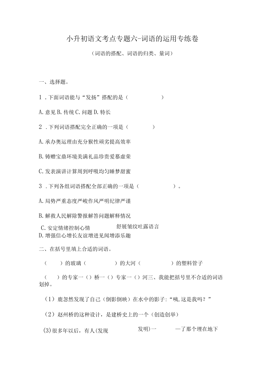 小升初语文考点专题六 词语的运用专练卷2（含答案）人教统编版.docx_第1页