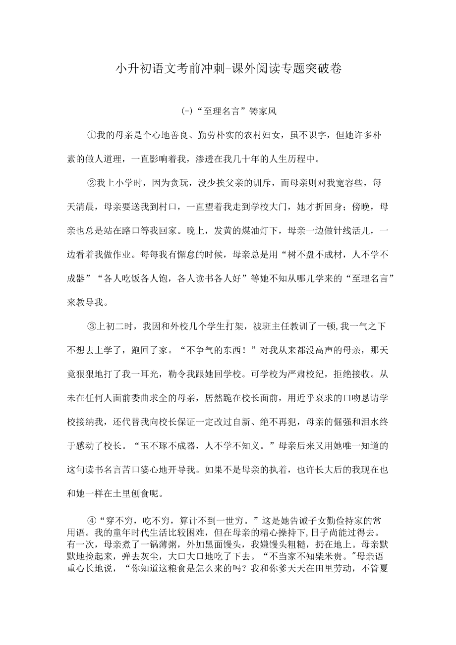 小升初语文考前冲刺 课外阅读专题突破卷（含答案）人教统编版.docx_第1页