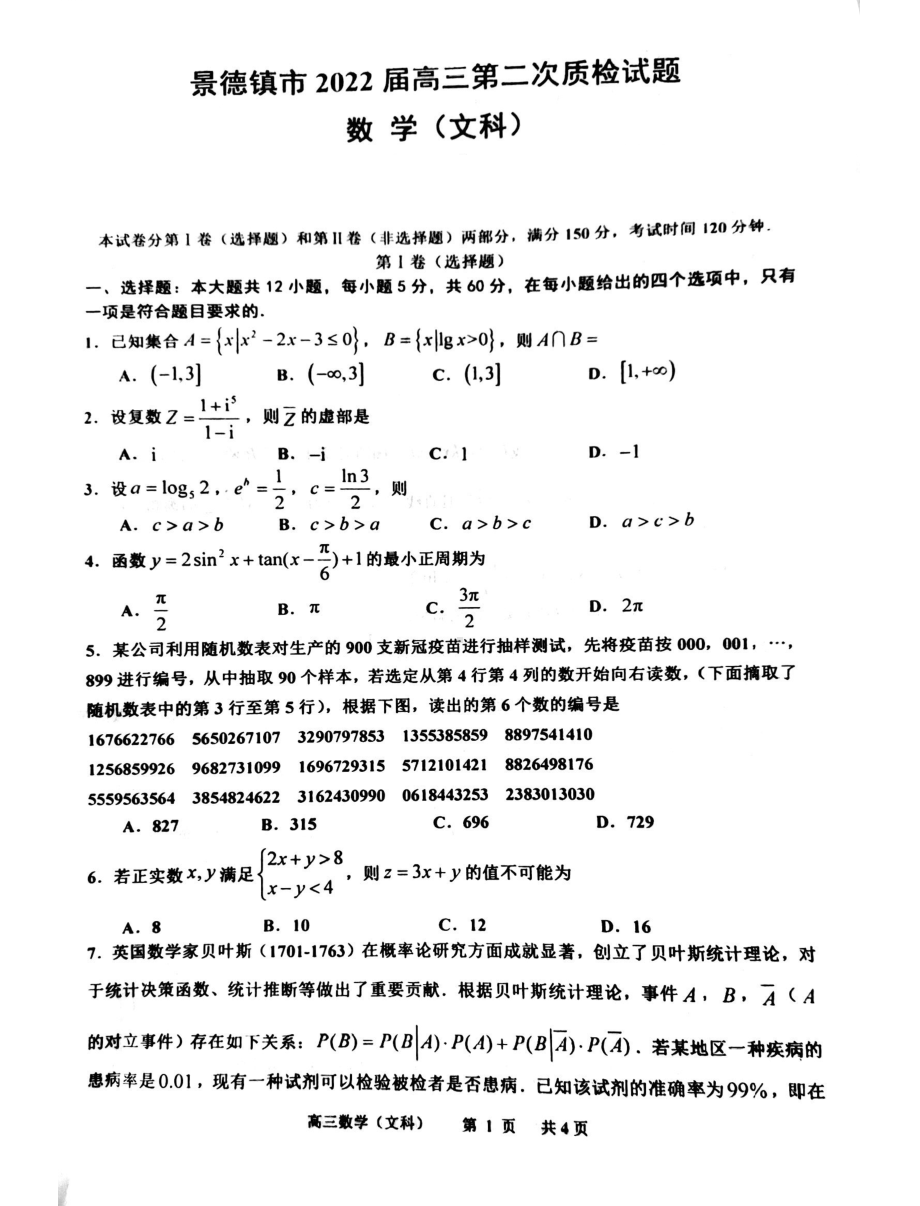 江西省景德镇市2022届高三第二次质检文科数学试题.pdf_第1页