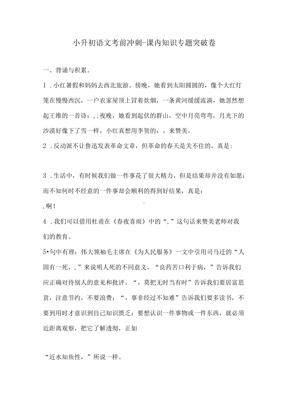 小升初语文考前冲刺 课内知识专题突破卷（含答案）人教统编版.docx_第1页