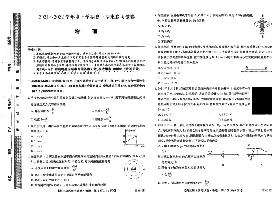 黑龙江省绥化市高中联盟校2021-2022学年高三上学期联合考试期末物理试题.pdf_第1页