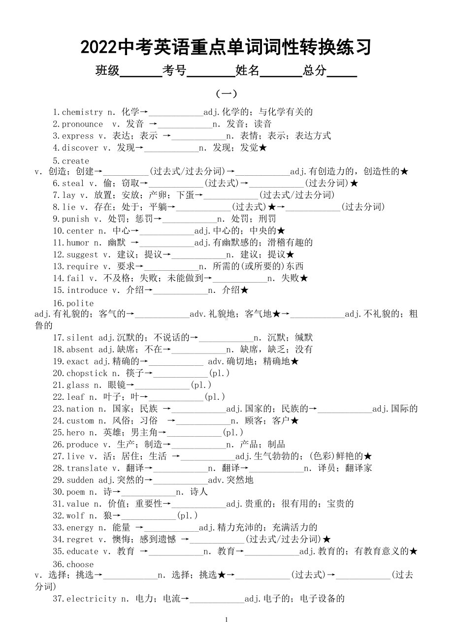 初中英语2022中考重点单词词性转换专项练习（两组共254个附参考答案）.doc_第1页