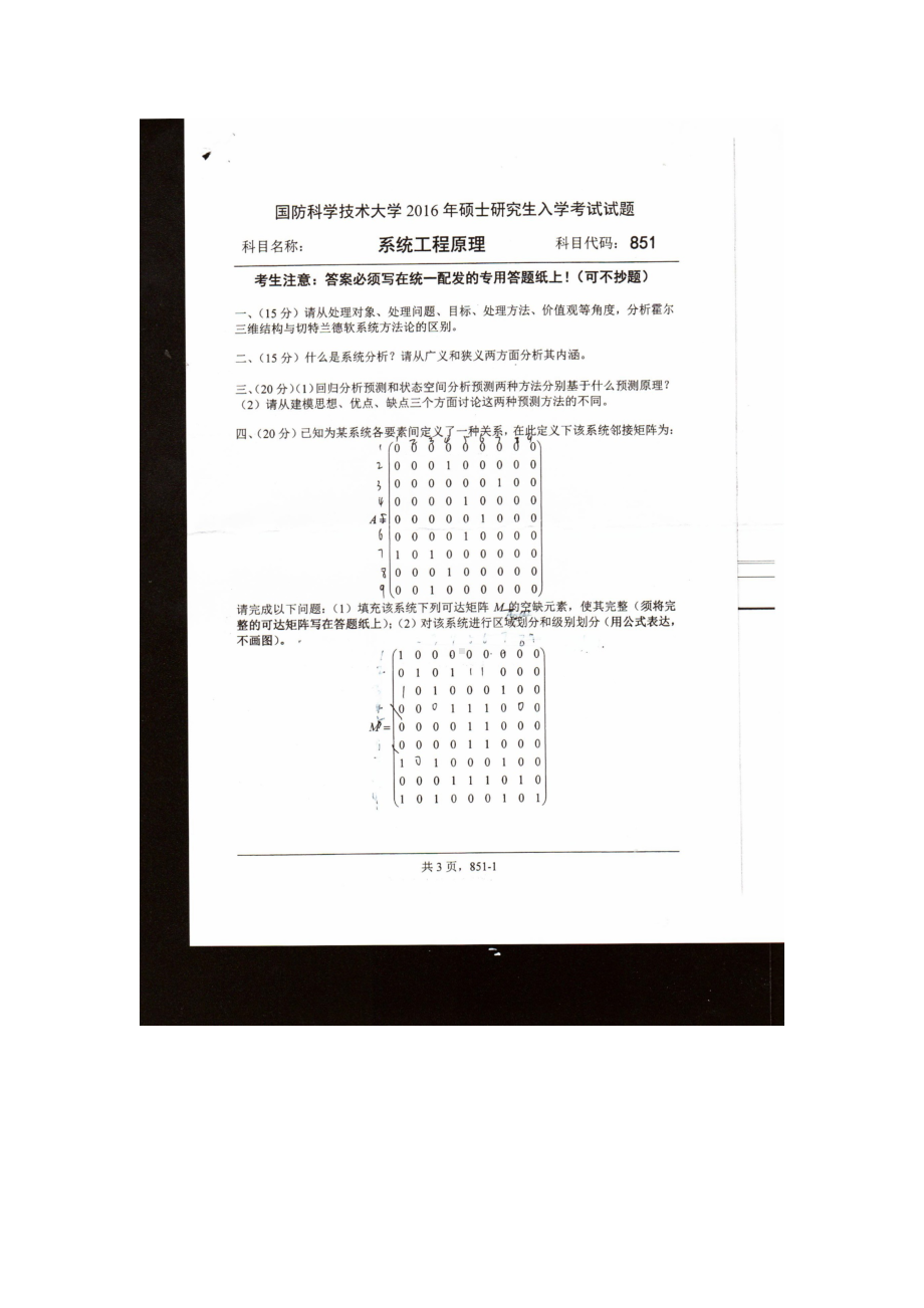 2016年国防科技大学考研专业课试题851系统工程原理.docx_第1页