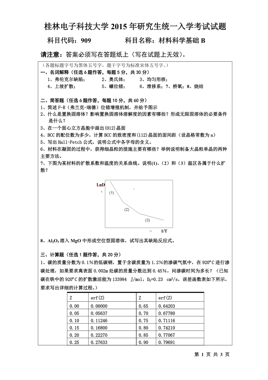 2015年桂林电子科技大学考研专业课试题909材料科学基础(B)(B).doc_第1页