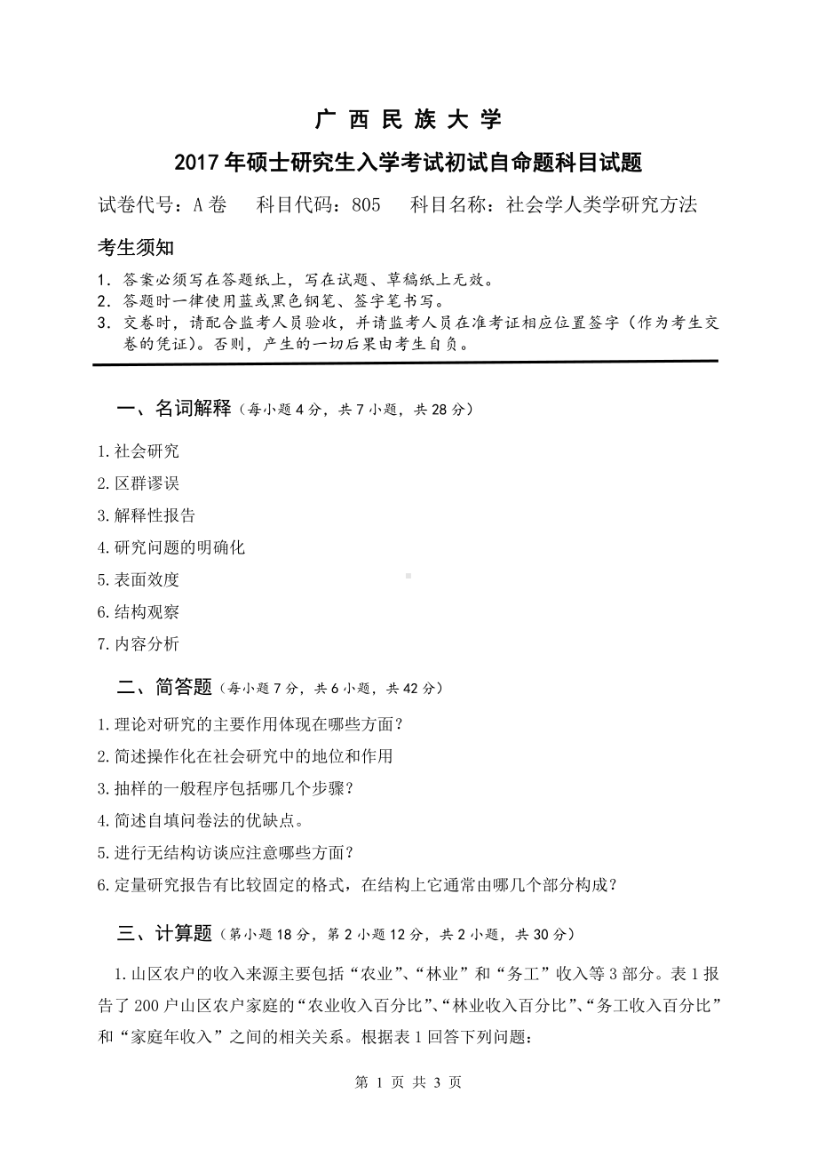 2017年广西民族大学考研专业课试题805社会学人类学研究方法.pdf_第1页