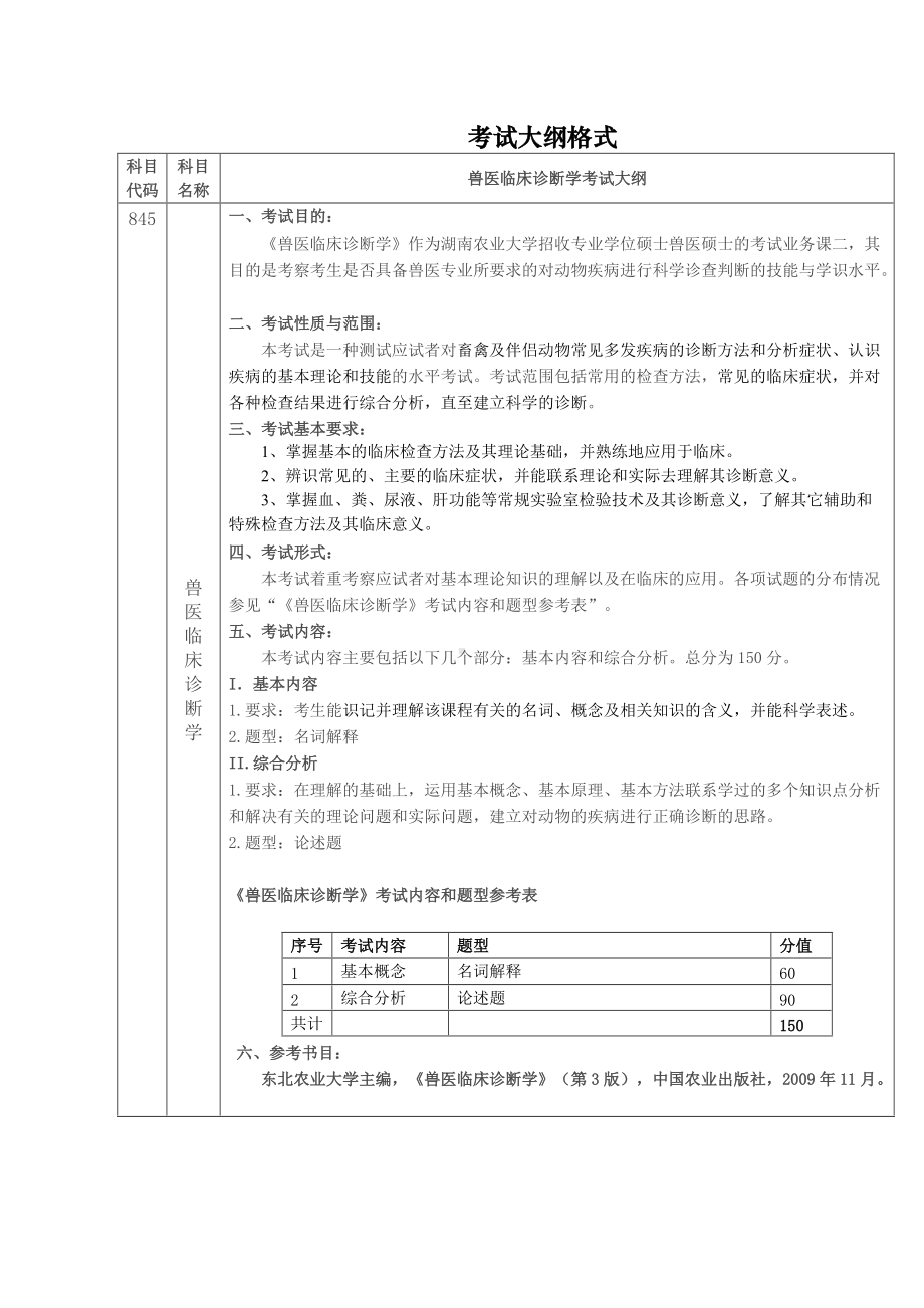 湖南农业大学考研考试大纲845兽医临床诊断学.doc_第1页