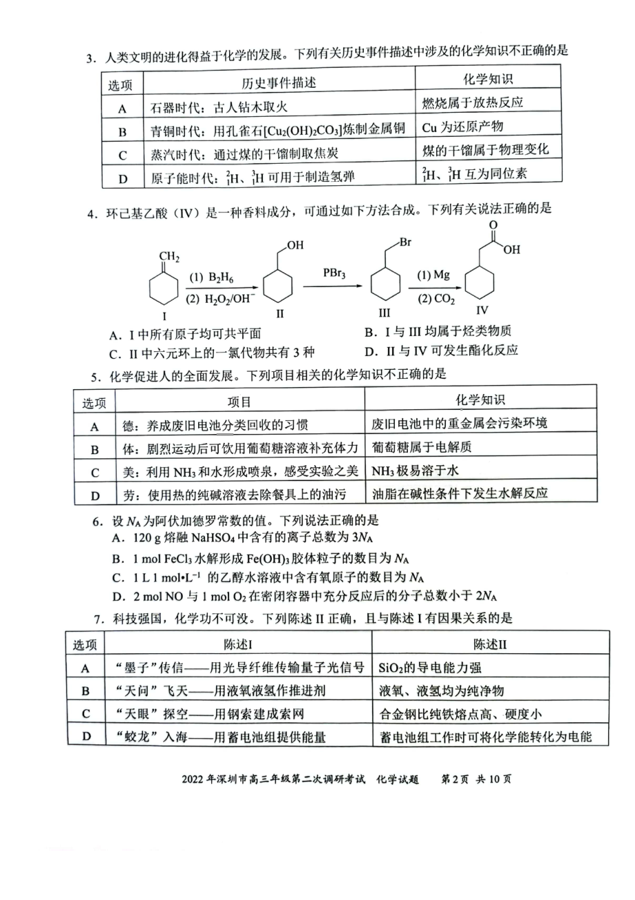 广东省深圳市2022届高三下学期第二次调研考试（二模）（4月） 化学.pdf_第2页