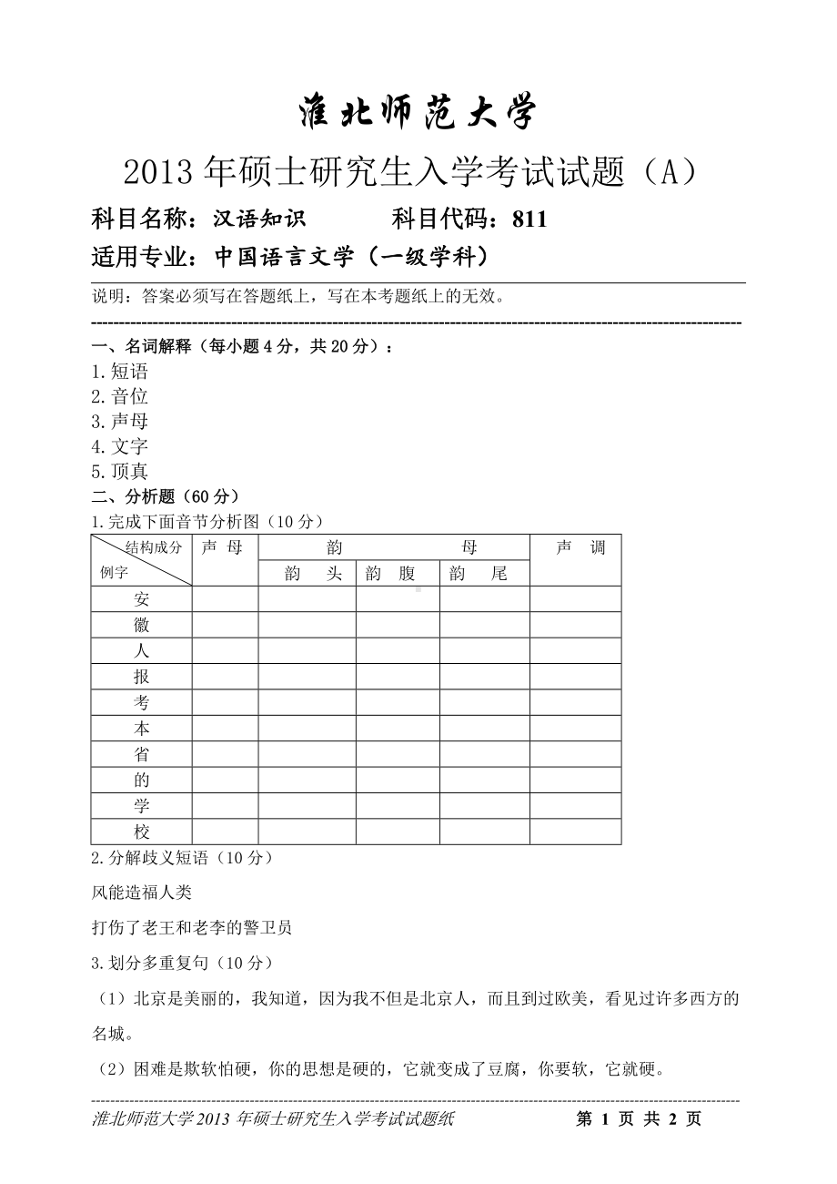 淮北师范大学考研专业课试题汉语知识2013.doc_第1页