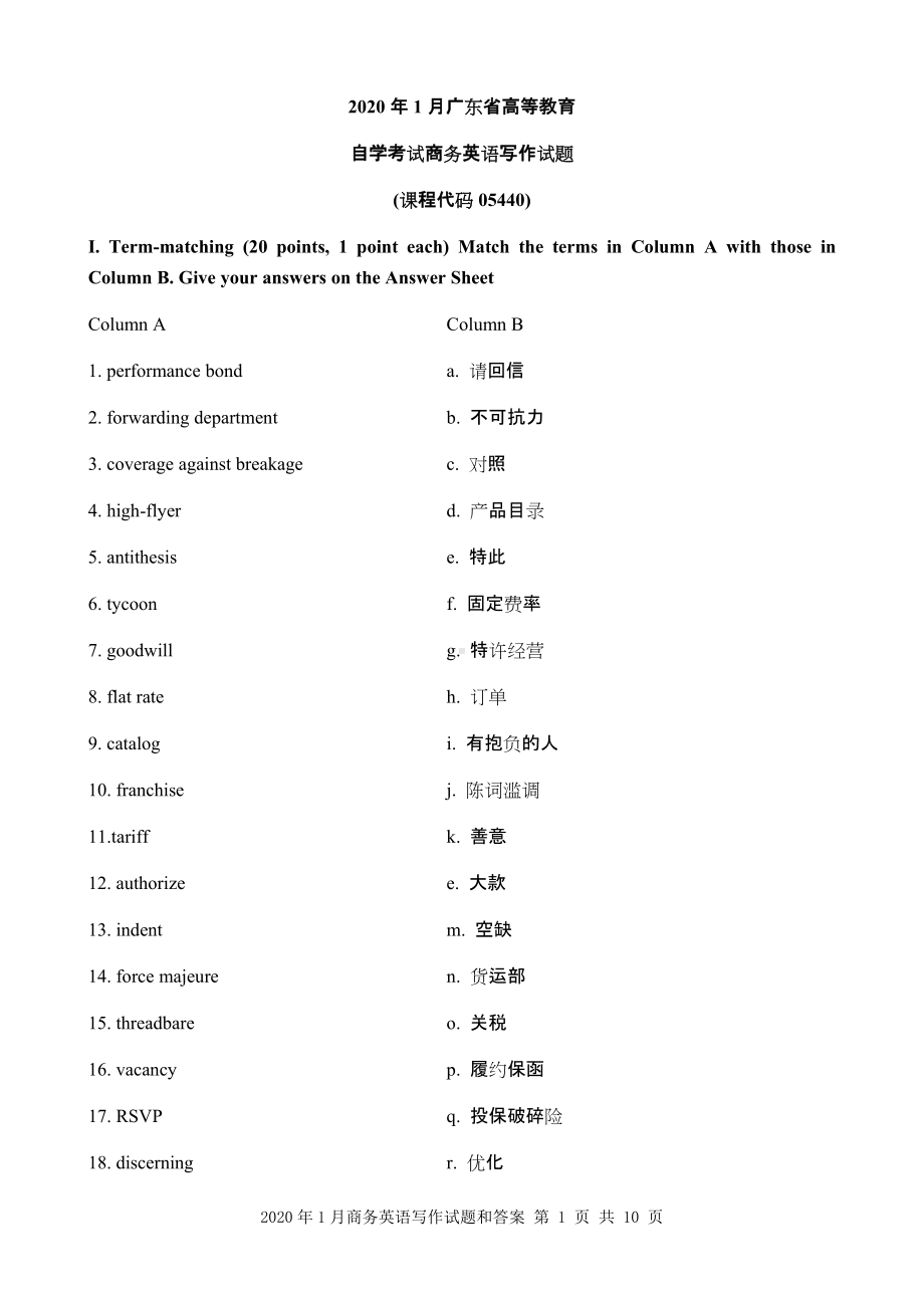 2020年1月商务英语写作试题和答案.docx_第1页