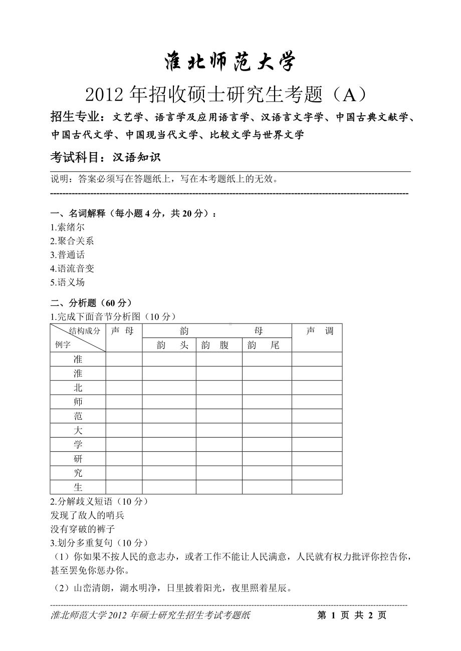 淮北师范大学考研专业课试题汉语知识2012.doc_第1页