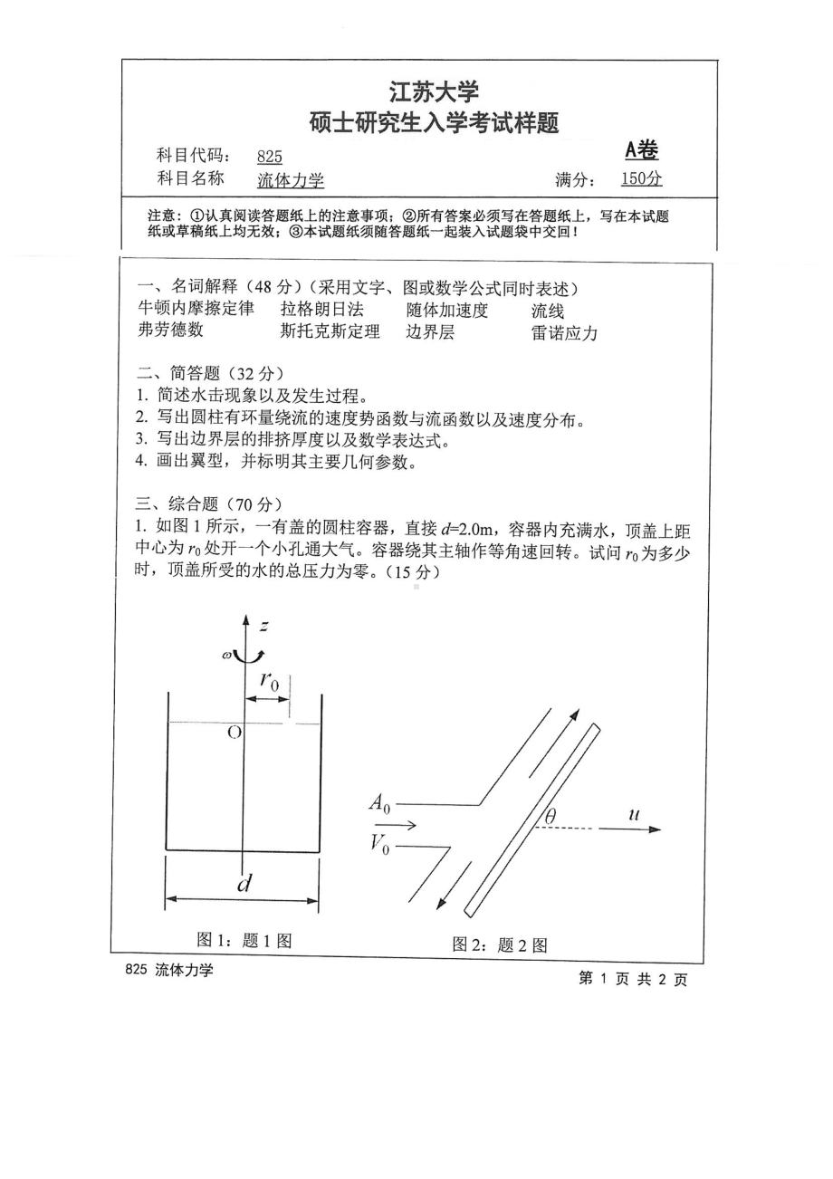 2018年江苏大学考研专业课试题825－流体力学2018.pdf_第1页