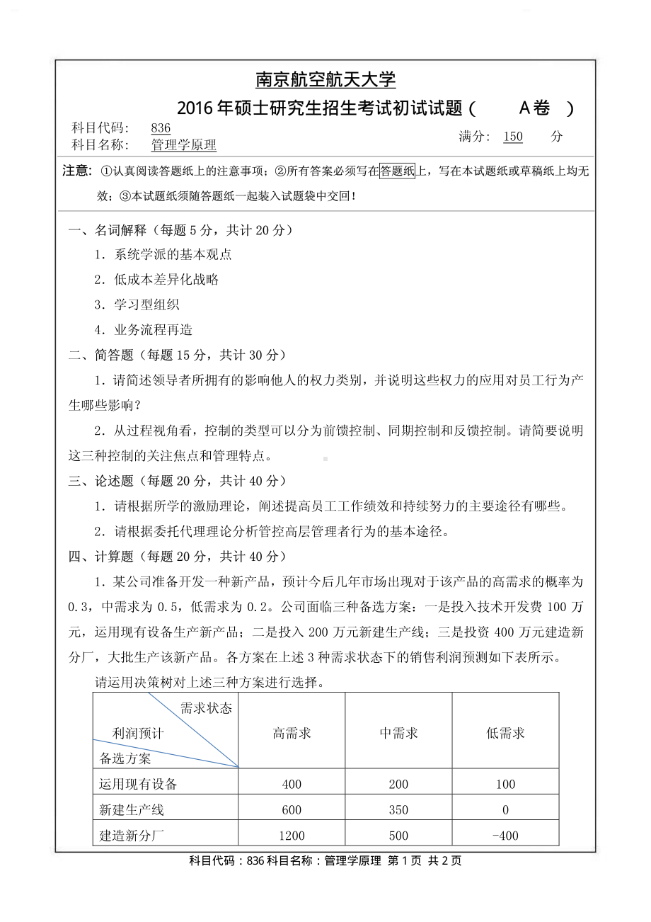 2016年南京航空航天大学考研专业课试题836管理学原理.pdf_第1页