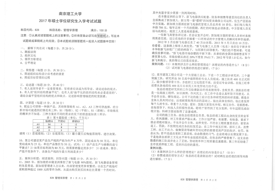 2017年南京理工大学考研专业课试题828管理学原理.pdf_第1页