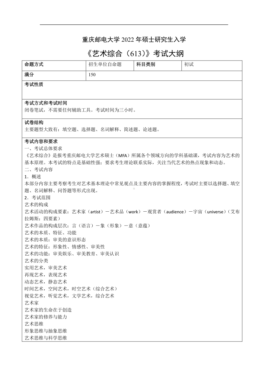 重庆邮电大学考研309传媒艺术学院初复试专业课考试大纲.pdf_第1页