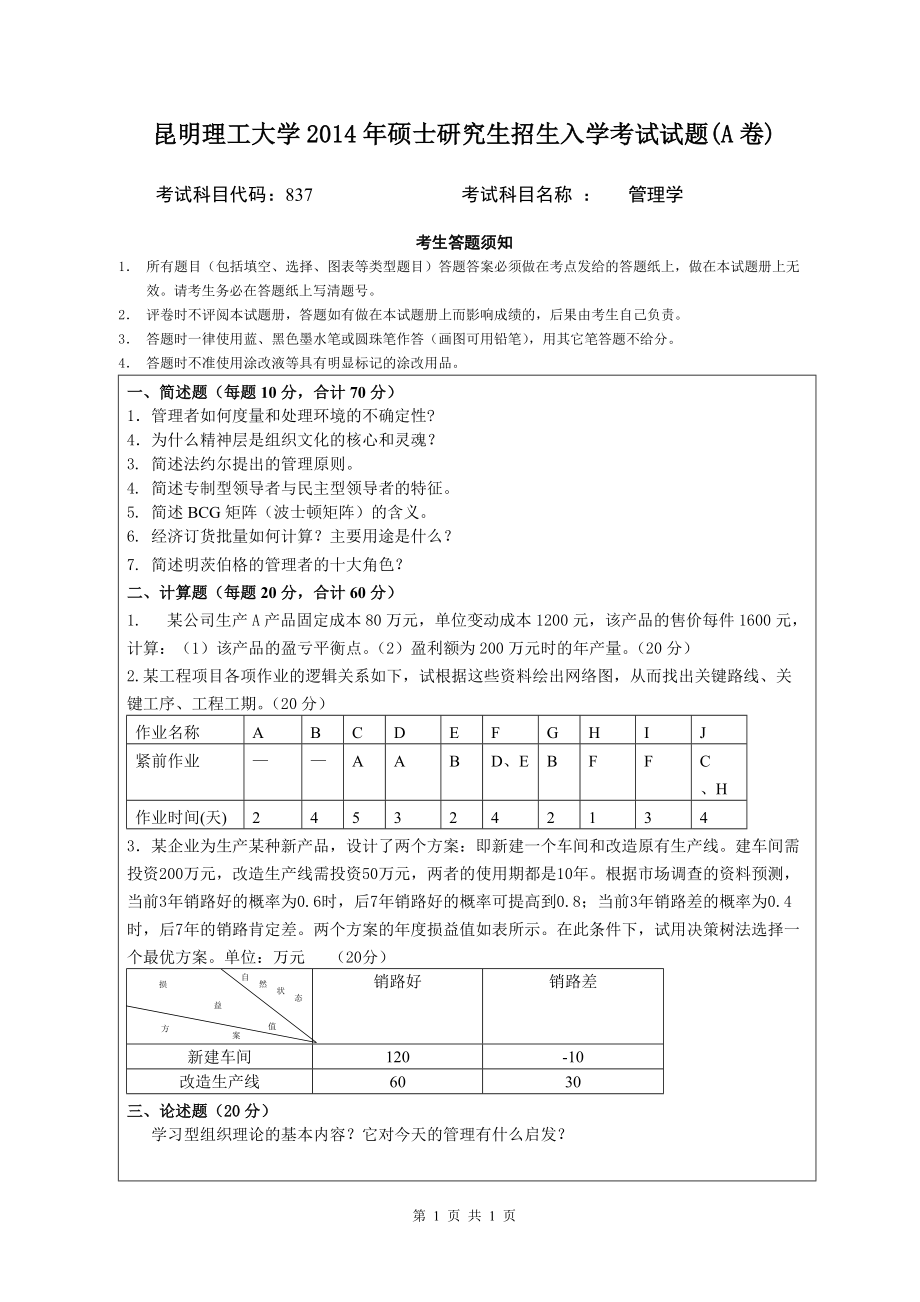 2014年昆明理工大学考研专业课试题837管理学.doc_第1页