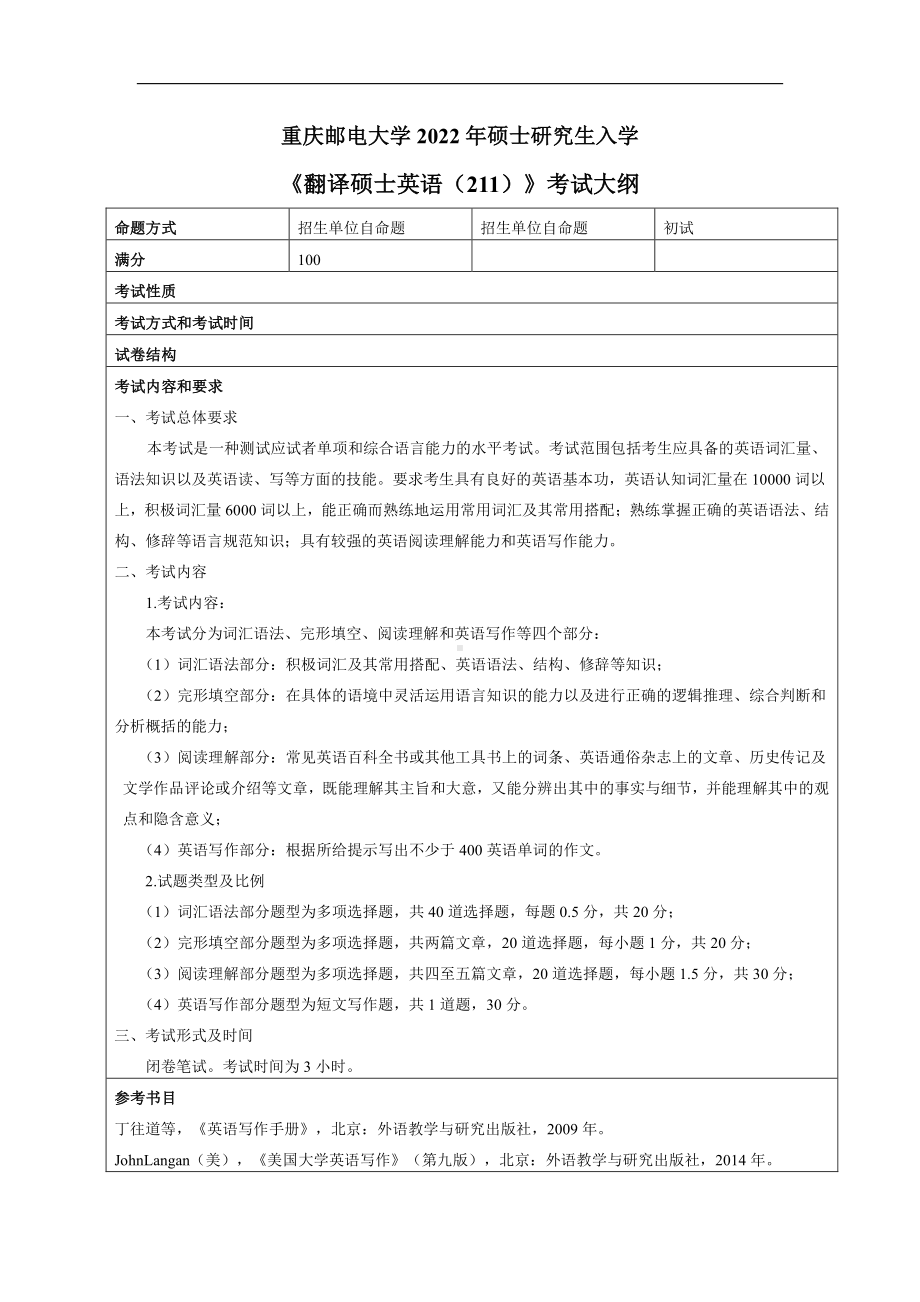 重庆邮电大学考研310外国语初复试专业课考试大纲.pdf_第1页