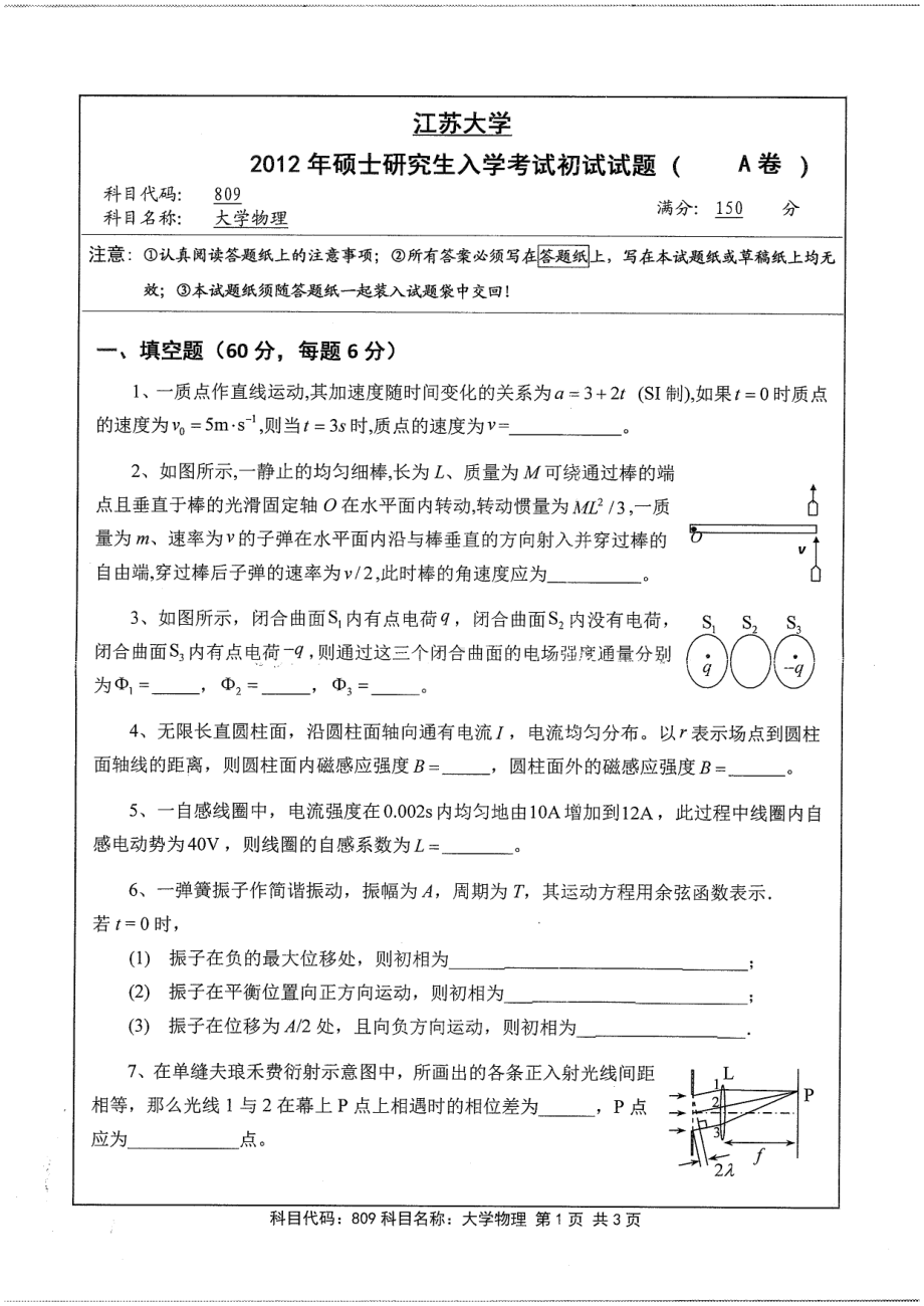 2012年江苏大学考研专业课试题大学物理.pdf_第1页