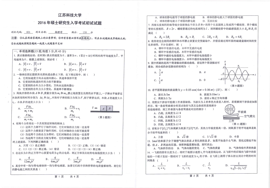 2016年江苏科技大学考研专业课试题物理学.pdf_第1页