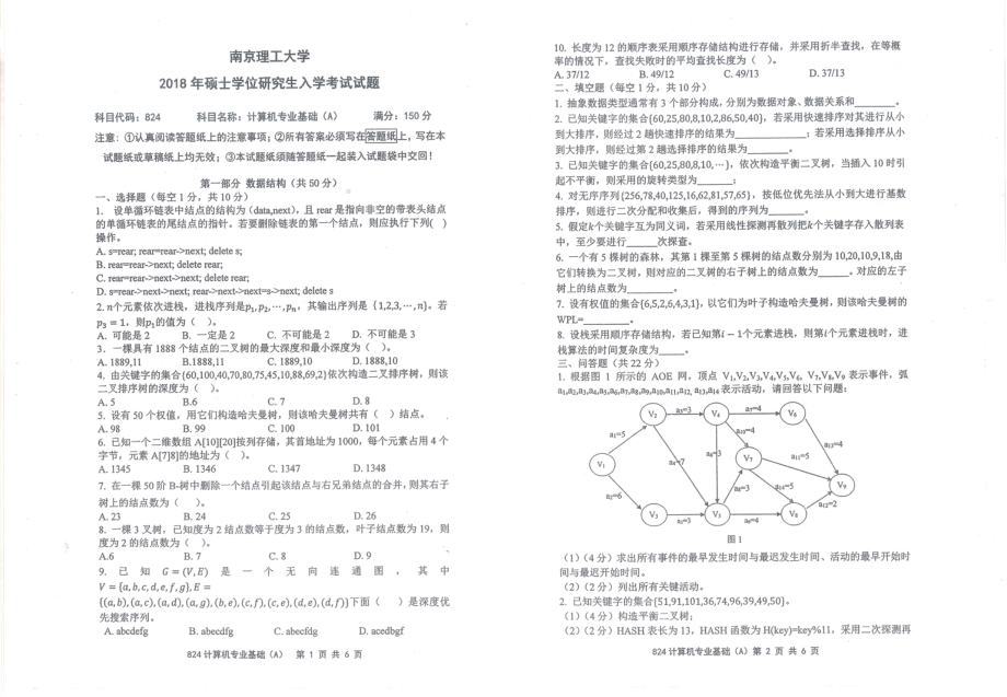 2018年南京理工大学硕士考研真题824计算机专业基础A.pdf_第1页