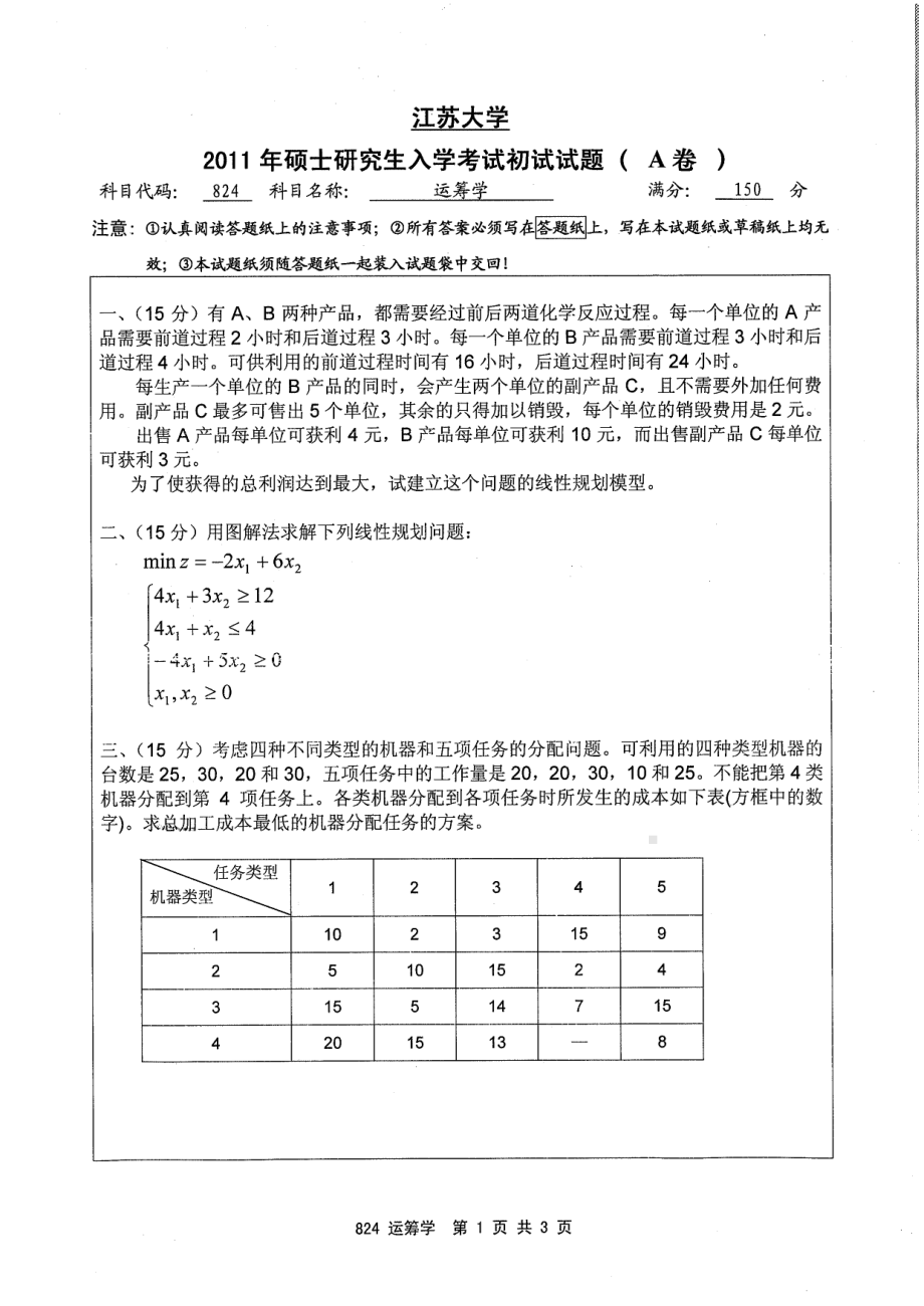 2011年江苏大学考研专业课试题824 运筹学.pdf_第1页