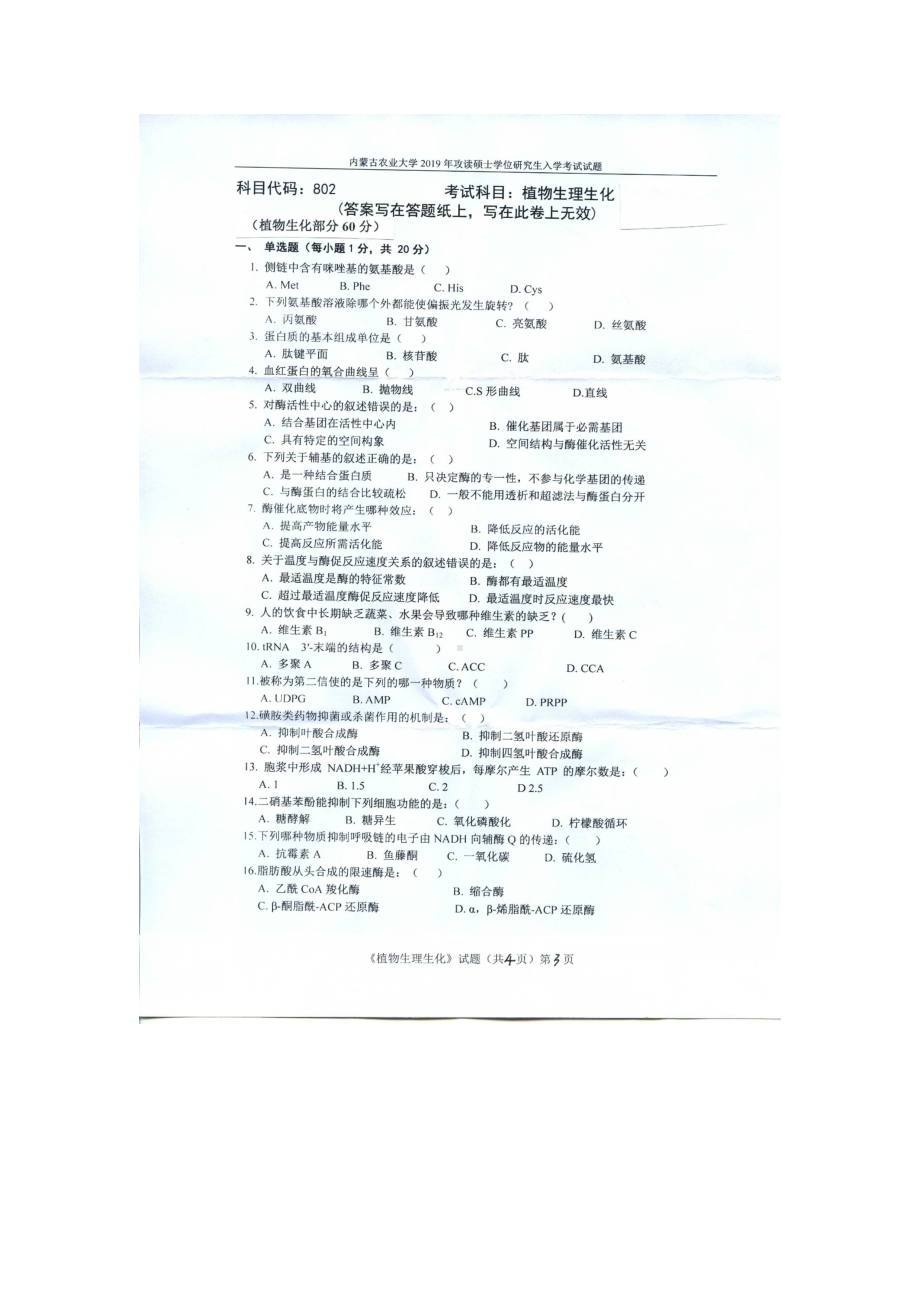 2019年内蒙古农业大学考研专业课试题802植物生理生化2.docx_第1页