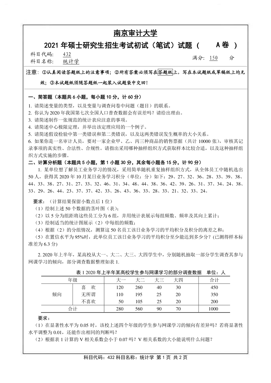 南京审计大学考研专业课试题432统计学2021年.pdf_第1页