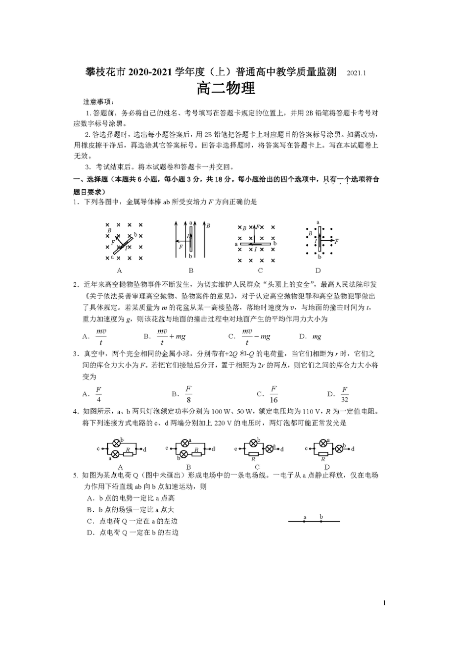 四川省攀枝花市2020-2021学年高二上学期期末考试物理试题.pdf_第1页